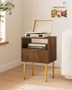 Nightstand,Small Bedside Table with Gold Frame,Walnut Night Stand,Bedside Furniture,Side Table with Drawer and Shelf for Bedroom,Living Room (1Drawer, Walnut)