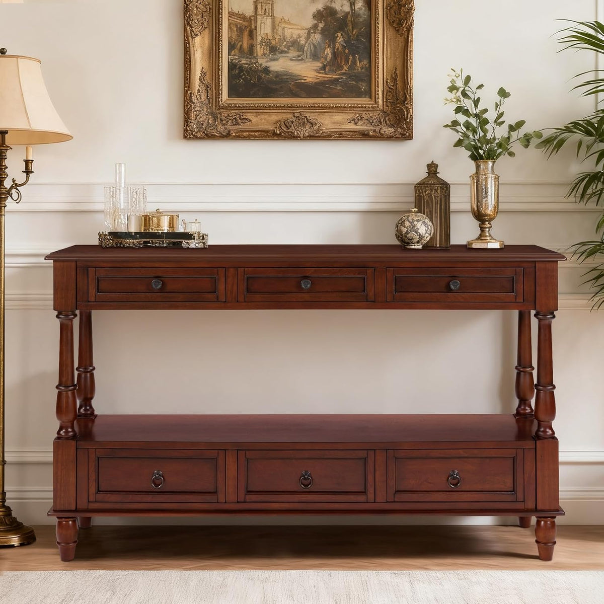 Vintage Solid Wood Console Table with 6 Drawers - 54" Hallway Sofa Table with Bottom Shelf for Entrance, Living Room & Foyer, Cherry