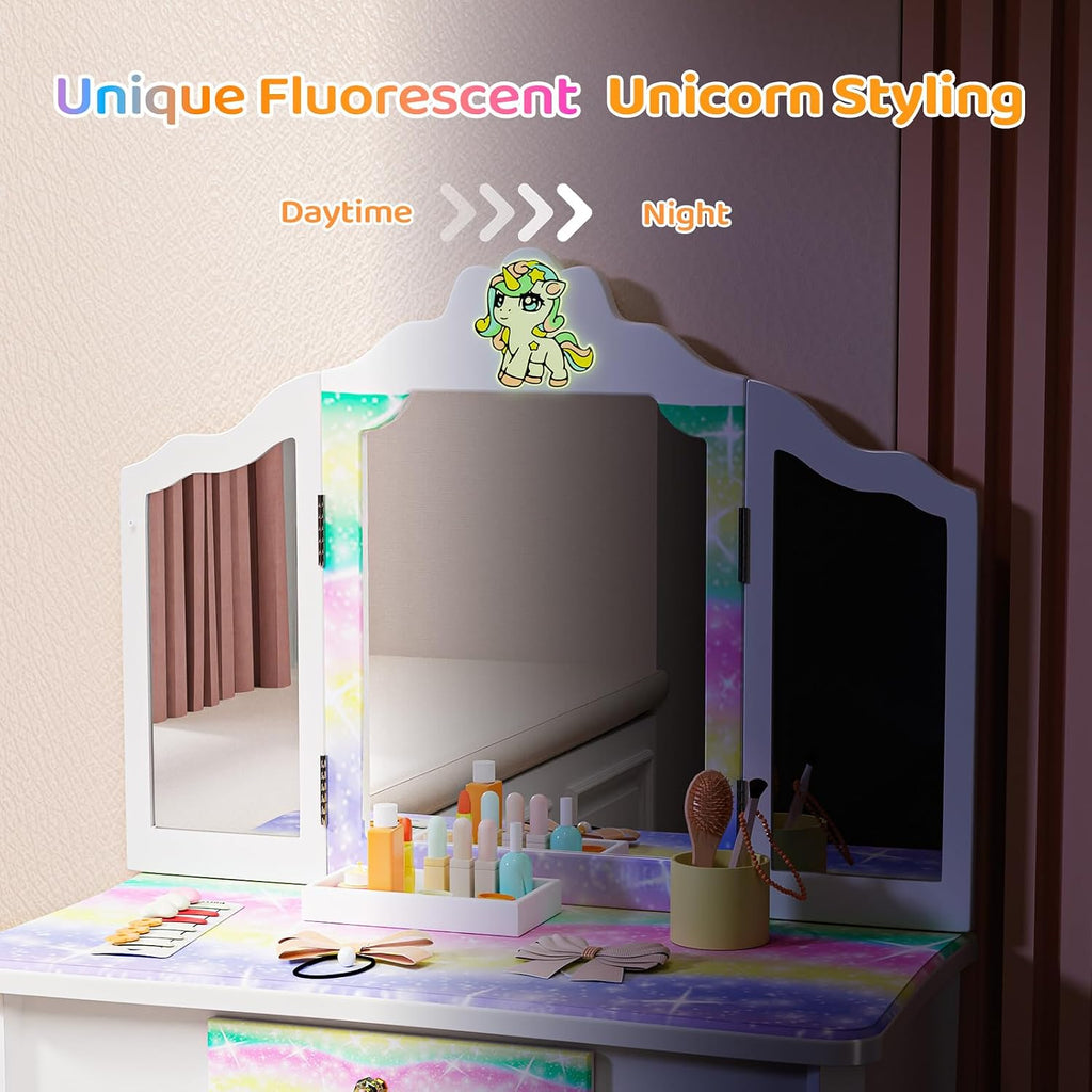 JOYMOR Luminous Unicorn Kids Vanity, 2-in-1 Toddler Vanity, w/Tri-Fold Mirror, 1 Drawer, Kids Vanity Table and Chair Set for Girls, Perfect Birthday