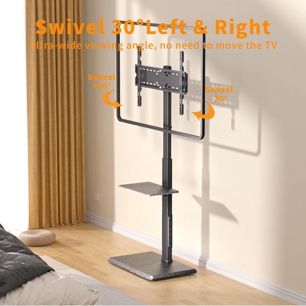 TV Floor Stand with Power Outlet & Removable Shelf for 32-75 Inch TVs | 110 lbs Capacity | ±30° Swivel | Height Adjustable | Cable Management | Safety Lock | Ideal for Living Room, Bedroom, Office