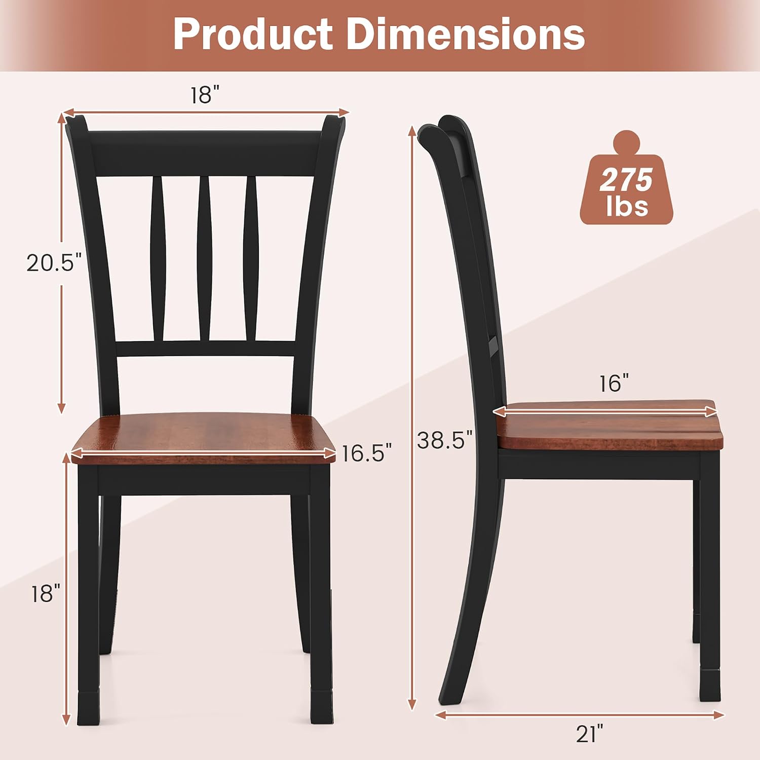 POWERSTONE Dining Chairs Set of 6, Rubberwood Kitchen Chairs, Black | Farmhouse Dining Chairs with W-Shaped Seat & Spindle High Back for Dining Room, Cafe, Canteen