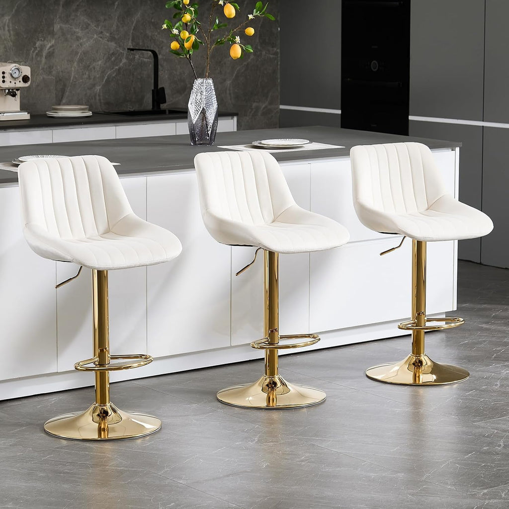 Barstools Set of 3, Golden-Cream, Adjustable Swivel Bar Stools | With Back, Armless Upholstered, Gold Bar Stool with Velvet Seat, For Kitchen Island/Cafe/Dining