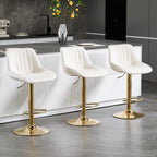 Barstools Set of 3, Golden-Cream, Adjustable Swivel Bar Stools | With Back, Armless Upholstered, Gold Bar Stool with Velvet Seat, For Kitchen Island/Cafe/Dining