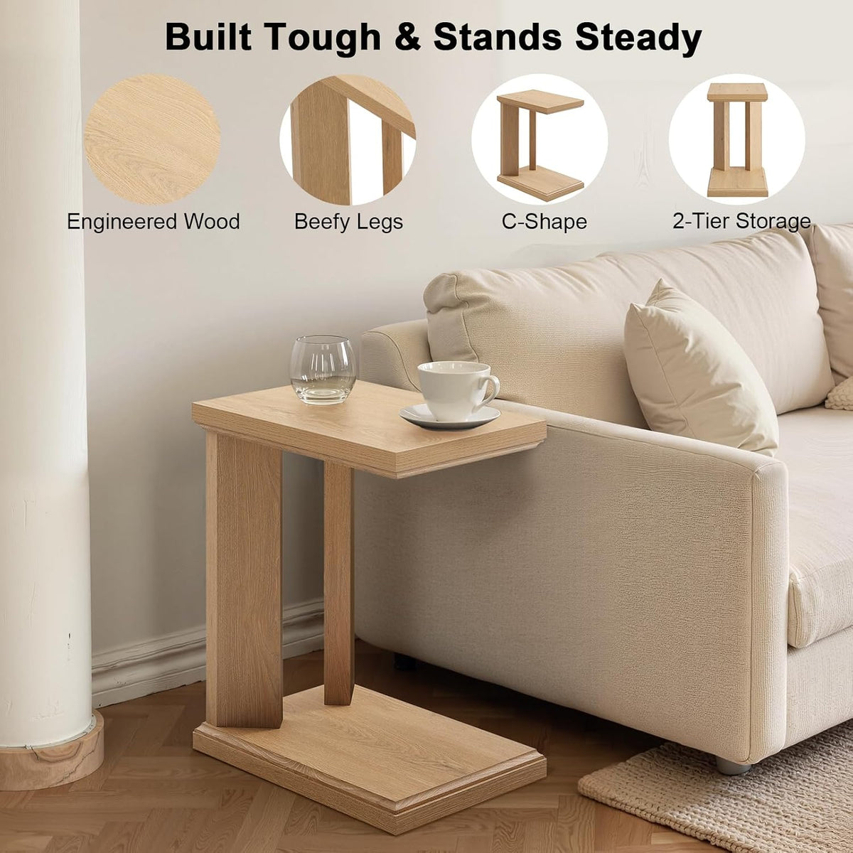 C Shaped End Table for Couch, 23.2'' High Small Side Table 2-Tier C Shaped Sofa Table for Small Narrow Spaces, Modern Nightstand for Bedroom, Living Room, Apartment, Home Office, Oak