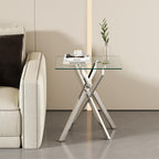 Modern Square End Table with Glass Top, Glass End Side Table for Living Room Office, 17.72 x 17.72 x 20.87 inches, Silver Metal X-Base, Adjustable Feet (1, Silver)