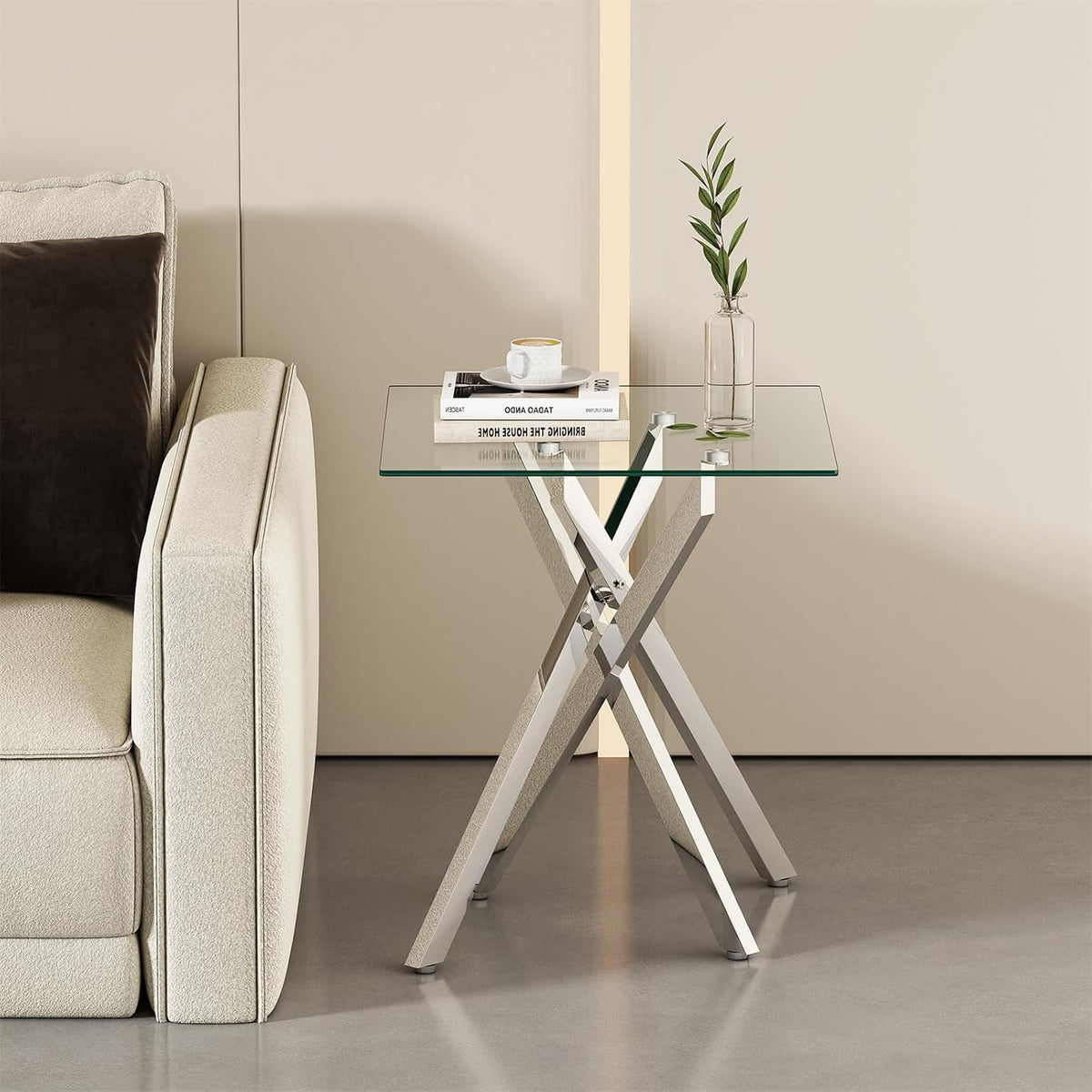 Modern Square End Table with Glass Top, Glass End Side Table for Living Room Office, 17.72 x 17.72 x 20.87 inches, Silver Metal X-Base, Adjustable Feet (1, Silver)