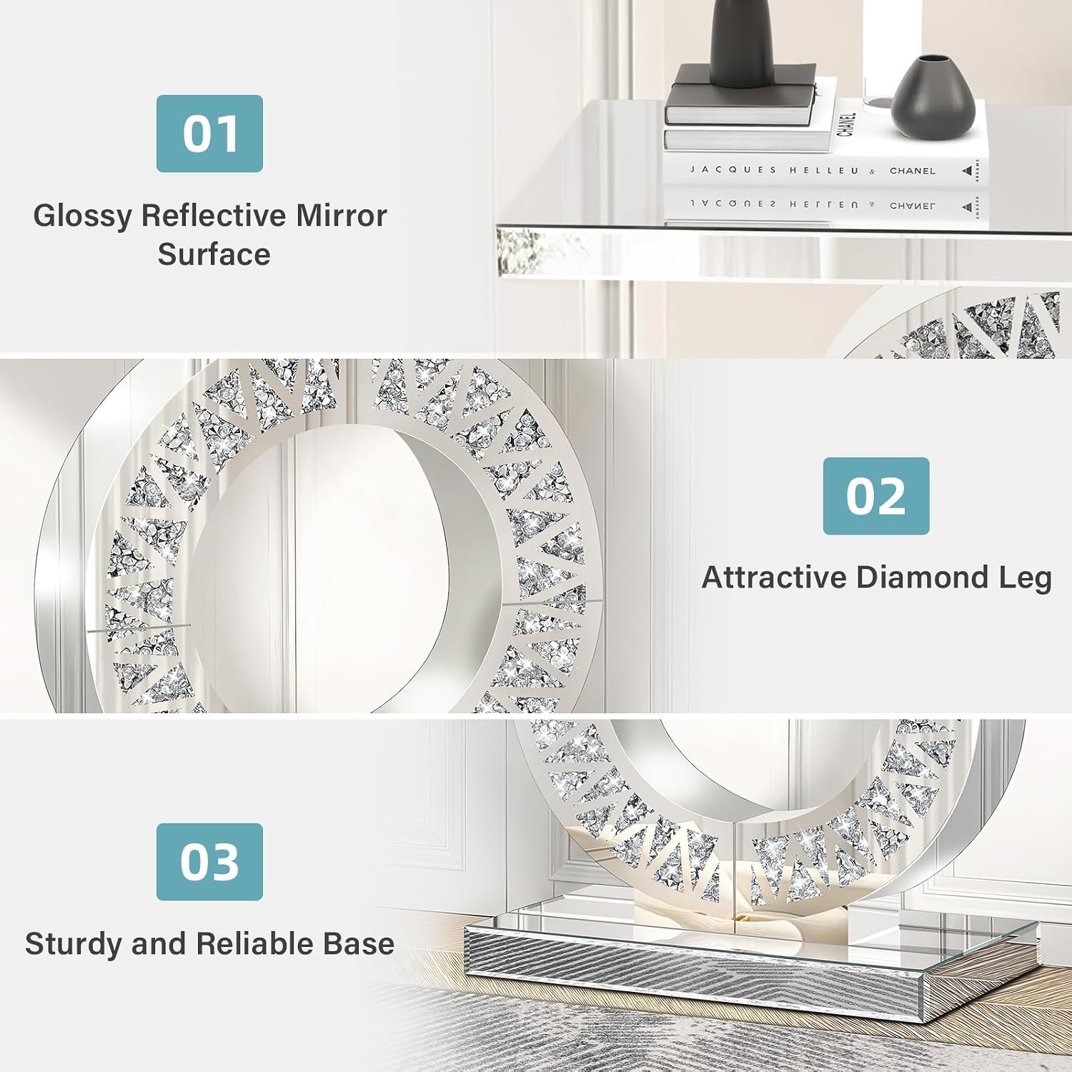 Modern Mirrored Entryway Console Tables with Crushed Diamond Inlay, 39.4" Long Silver Hallway Table for Entryway, O-Shaped Base Luxury Glass Foyer Table for Home Decor