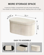 GLAXYFUR Oval Folding Storage Ottoman, Velvet Upholstered Foot Rest, 30 x 15 x 15 Inches Storage Bench for Bedroom, Living Room & Entryway, Beige