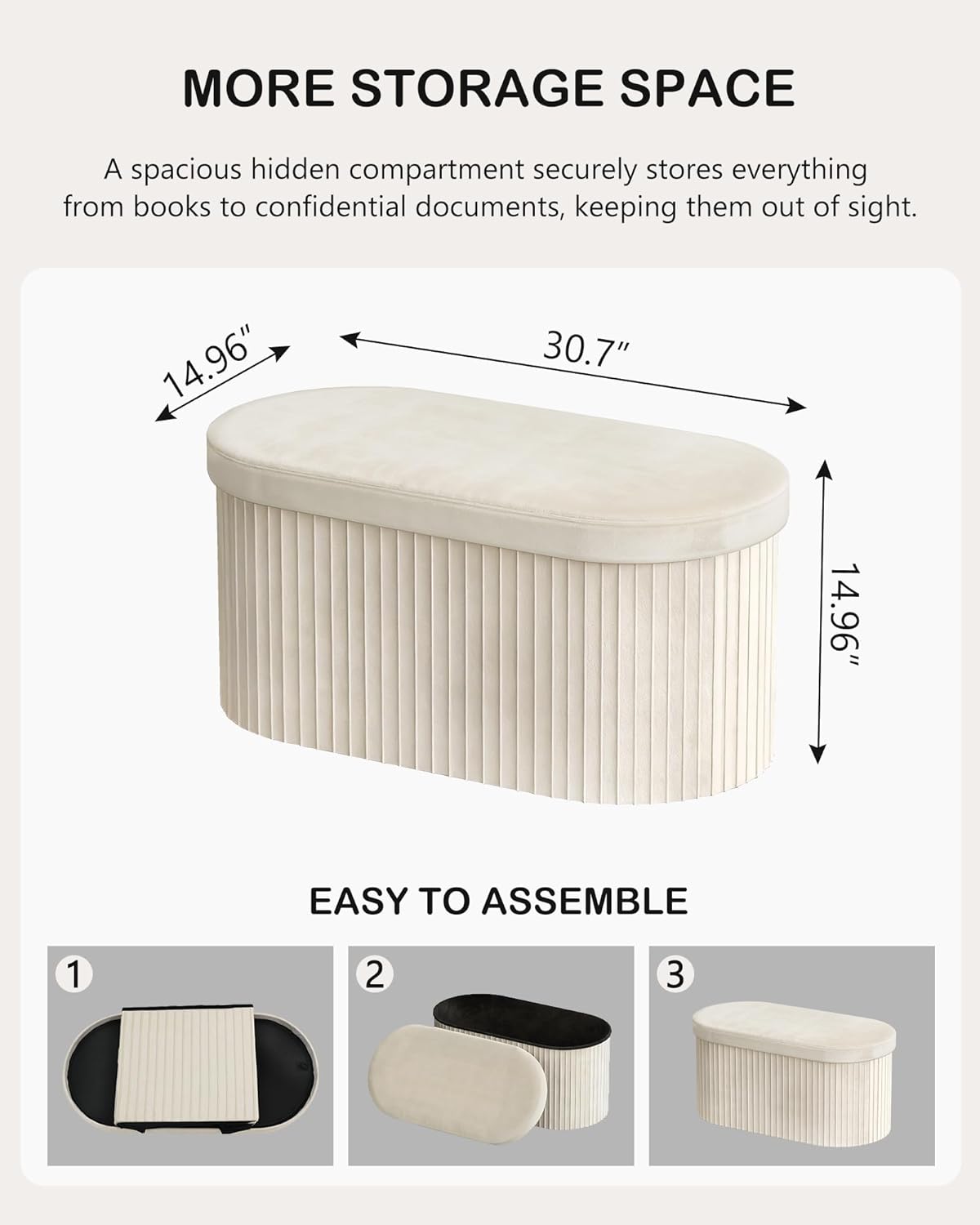 GLAXYFUR Oval Folding Storage Ottoman, Velvet Upholstered Foot Rest, 30 x 15 x 15 Inches Storage Bench for Bedroom, Living Room & Entryway, Beige
