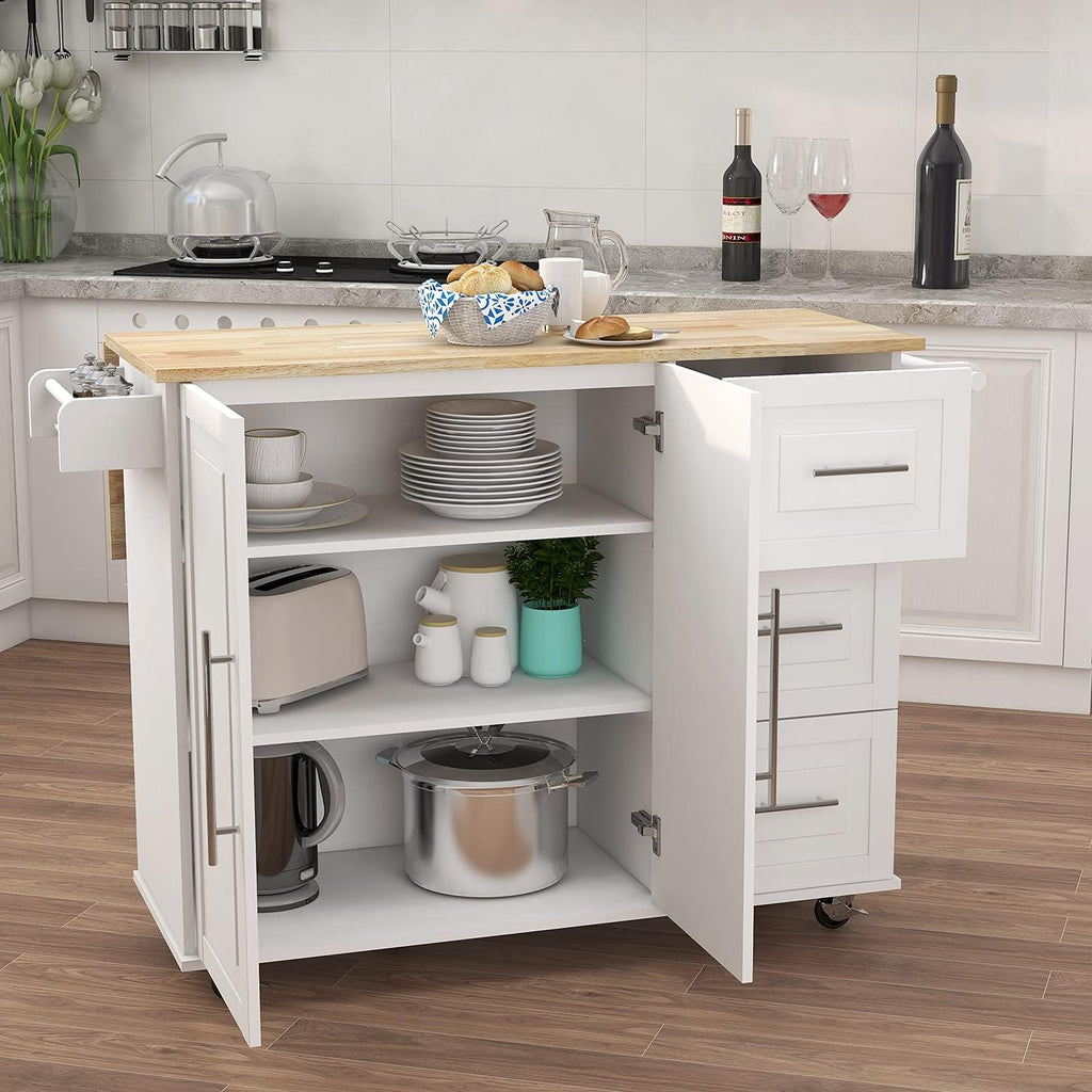 Kitchen Island with Spice Rack, Towel Rack and Extensible Solid Wood Table | Includes extensible solid wood table top and three drawers with cabinet door
