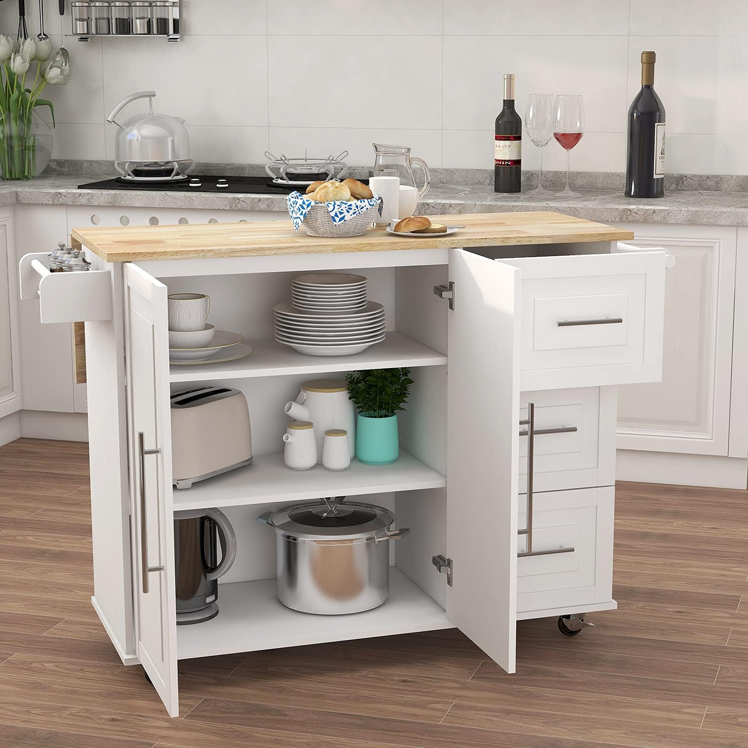 Kitchen Island with Spice Rack, Towel Rack and Extensible Solid Wood Table | Includes extensible solid wood table top and three drawers with cabinet door