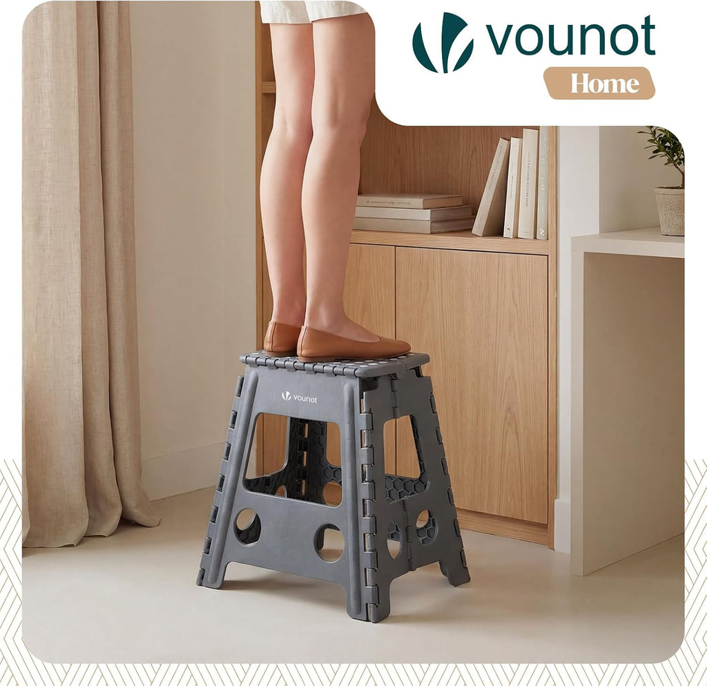 VOUNOT® Folding Step Stool, Portable Stepping Stool with Carrying Handle, Anti-Slip Folding Stool for Bathroom, Garden, Camping, Home, 39 x 32 x 40 cm, Grey