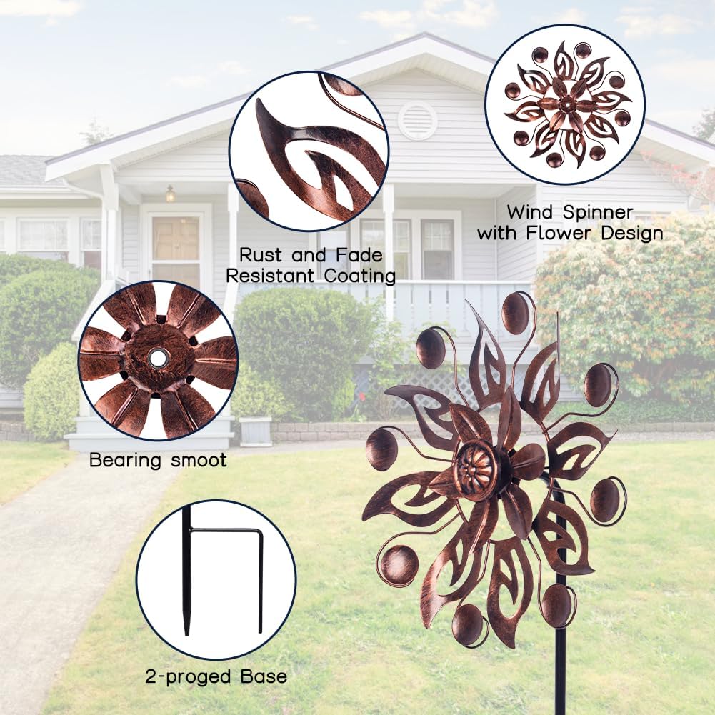 VEWOGARDEN 2PCS Outdoor Wind Spinner,Metal Wind Spinners Yard Decor Pinwheel,Copper Wind Sculptures & Spinners for for Garden, Patio, Lawn(10" Dia * 37" H)