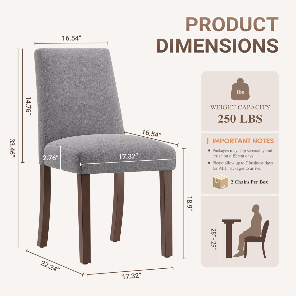 Upholstered Dining Chairs Set of 4, Mid-Century Dining Room Chairs with Wooden Legs, Farmhouse Fabric Parsons Chairs for Small Space Restaurant & Cafe- Gray