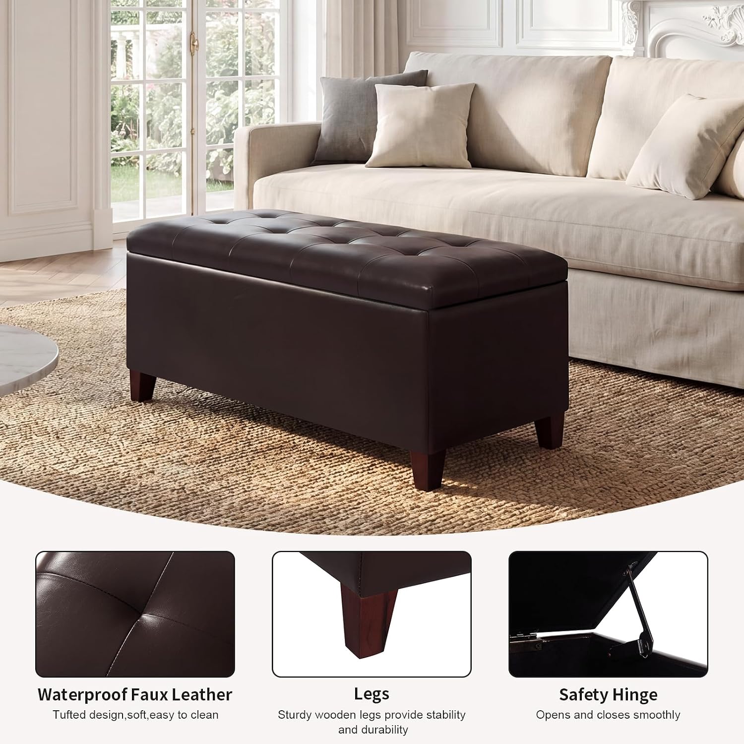 Asense Storage Ottoman Bench, 33" Faux Leather Upholstered End of Bed Bench with Safety Hinge,Wooden Legs,for Entryway Bedroom Living Room,Chocolate Brown