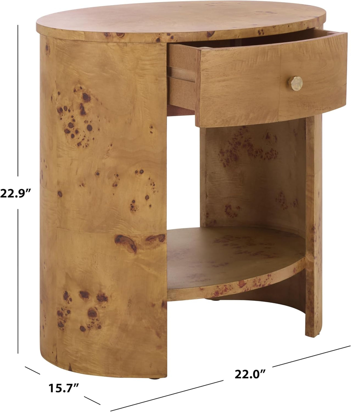 SAFAVIEH Home Collection - Philippe Natural Brown Oval Top Accent Table, 1 Drawer 1 Shelf Side Table, Burl Wood Look, Fully Assembled (ACC6612A)