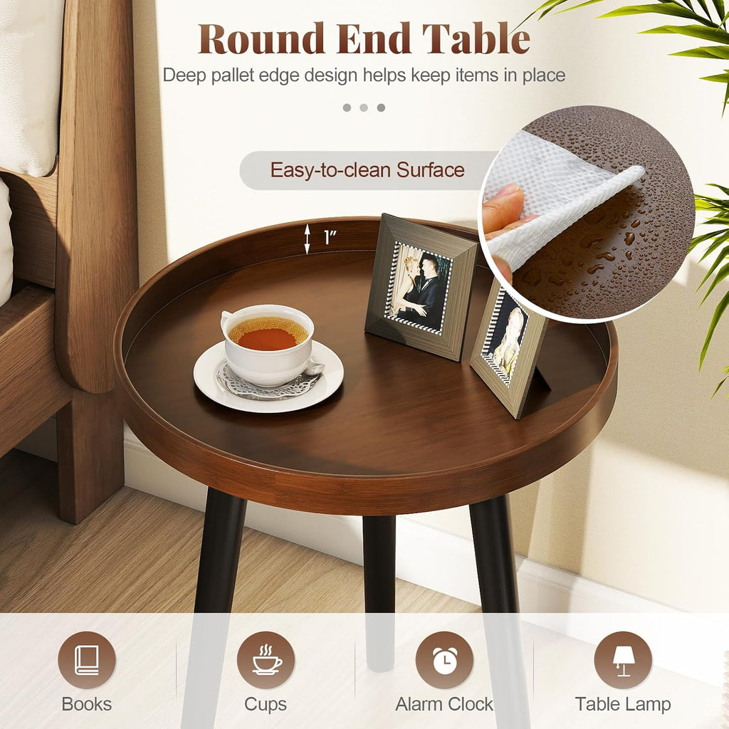 Giantex Round End Table, Mid Century Modern Side Table with Wooden Tray & Bamboo Legs, Sofa Couch Accent Table, Small Coffee Table for Small Space Living Room, Nightstand for Bedroom, Walnut