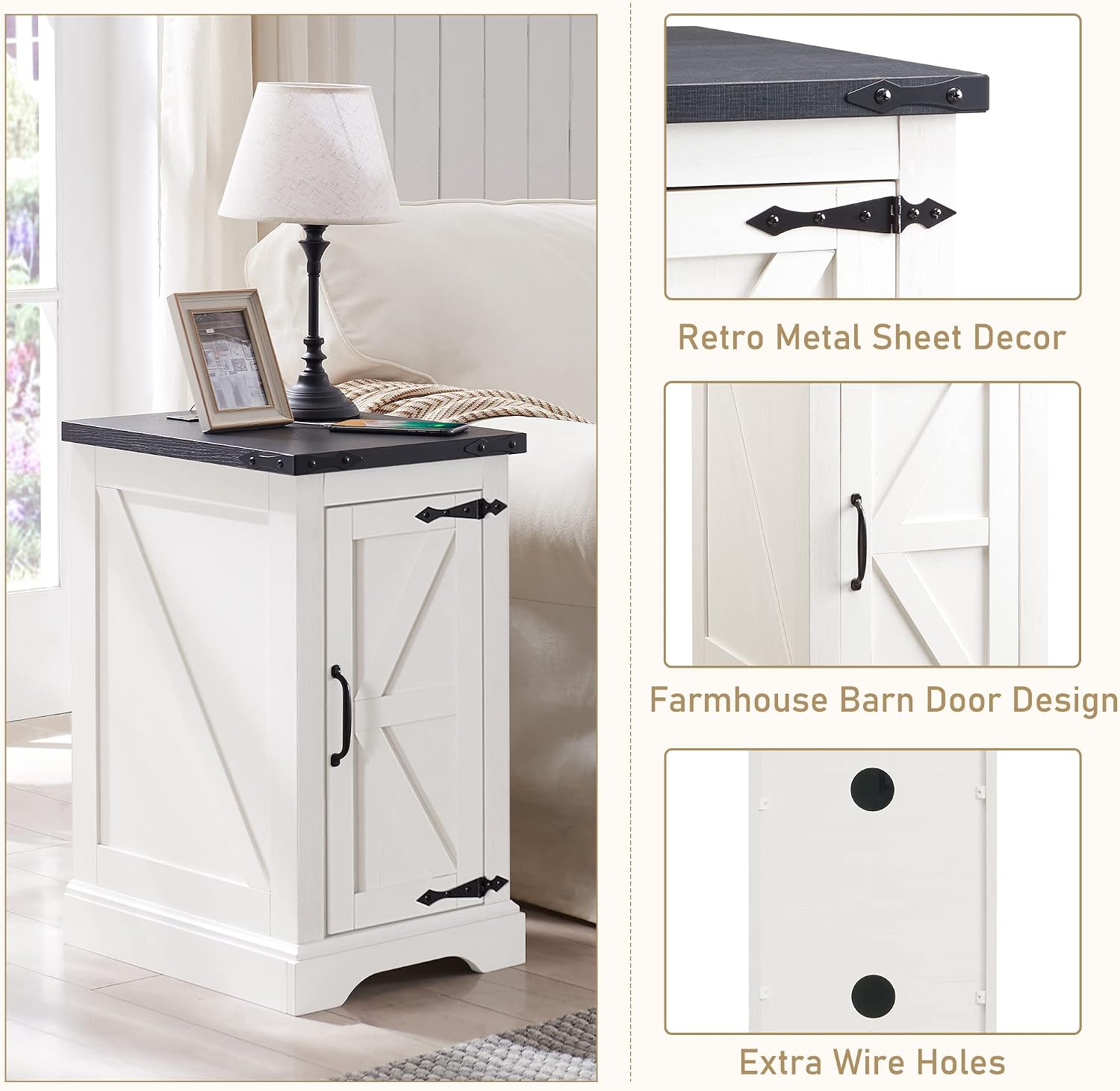 JXQTLINGMU 3-Piece Farmhouse Coffee Table and End Table Sets, Includeds 36" Lift Top Square Coffee Table w/Storage & 2 Rustic Wood End Tables w/Charging Station & Barn Doors for Living Room, White