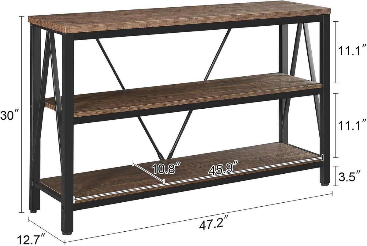 Entryway Console Table, 3 Tier Entry Table with Open Shelves, Brown, 47 IN | Rustic Sofa Table with Wide Storage, Horizontal Book Shelf, Industrial 3 Tier Bookshelf for Living Room, Hallway