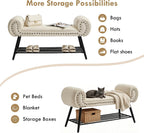 End of Bed Bench with Shoe Shelf, 45" Modern Velvet Upholstered Bedroom Bench with Rolled Arms and Metal Frame for Entryway, Living Room, Hallway, Foyer, 300 lbs, Cream