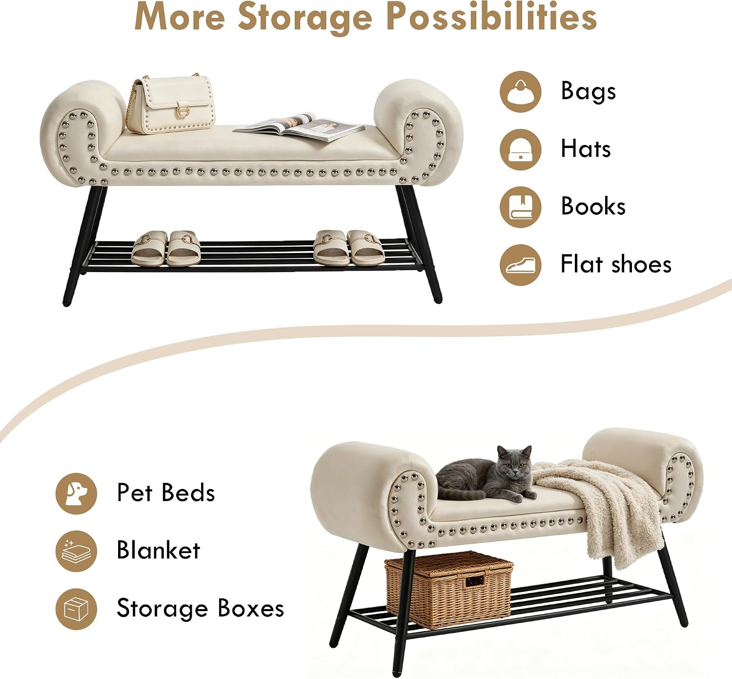 End of Bed Bench with Shoe Shelf, 45" Modern Velvet Upholstered Bedroom Bench with Rolled Arms and Metal Frame for Entryway, Living Room, Hallway, Foyer, 300 lbs, Cream