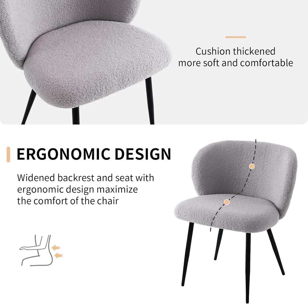 Modern Teddy Dining Chairs Set of 2, Comfy Kitchen Armless Chairs with Thick Cushions, Wingback Chair, Upholstered Dining Room Chairs with Metal Legs for Dining, Living Room, Grey