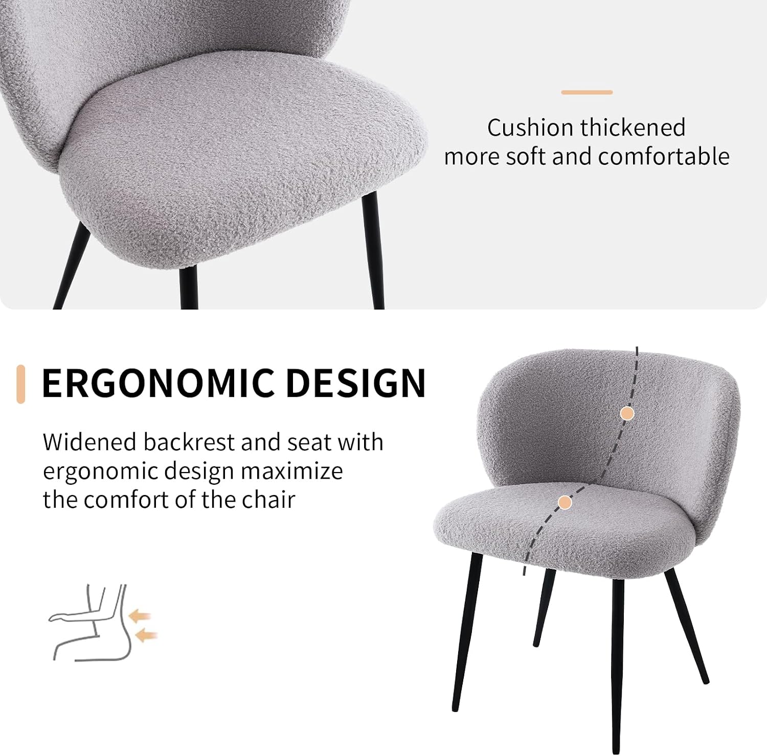 Modern Teddy Dining Chairs Set of 2, Comfy Kitchen Armless Chairs with Thick Cushions, Wingback Chair, Upholstered Dining Room Chairs with Metal Legs for Dining, Living Room, Grey