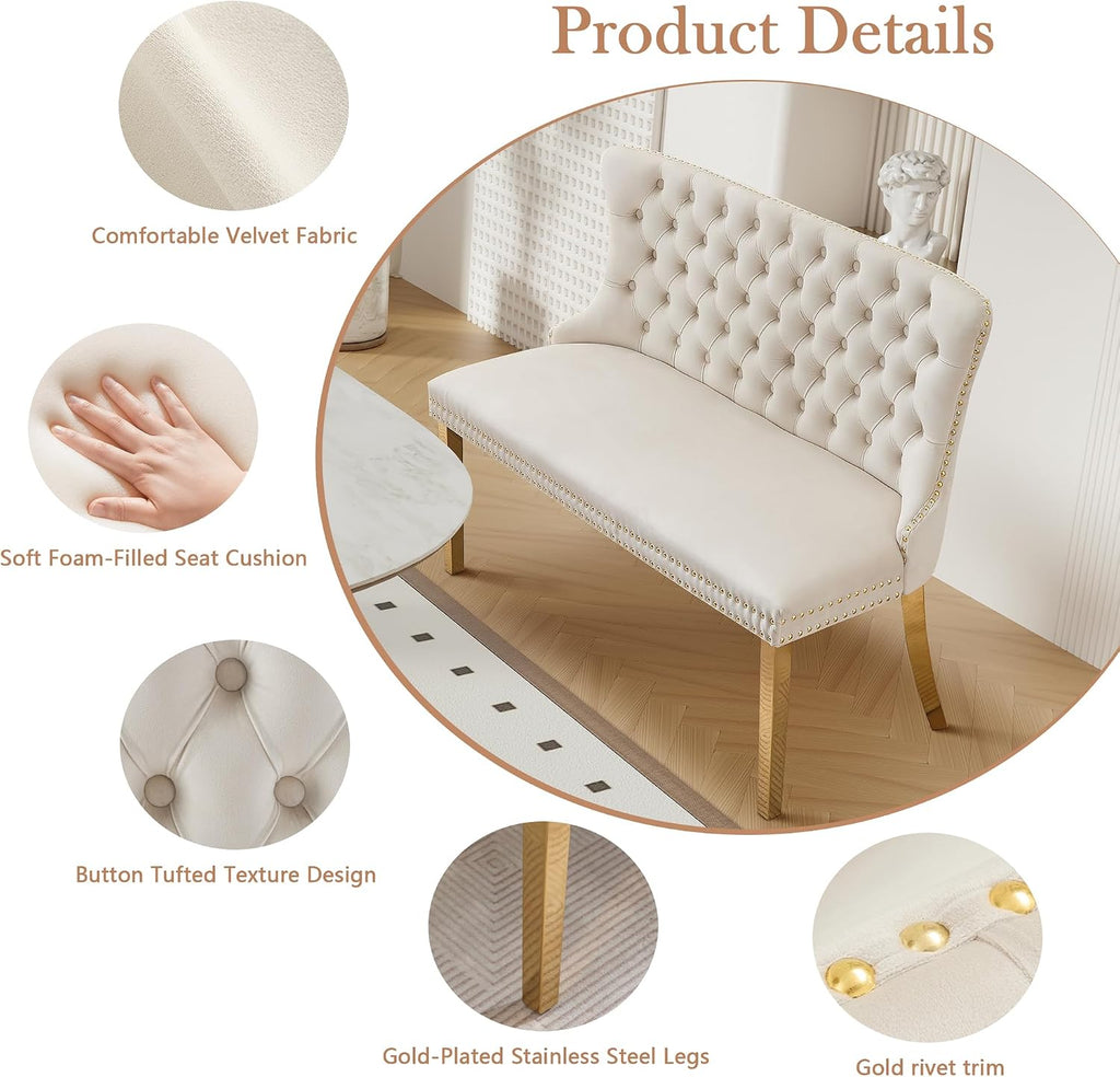 Velvet Double Upholstered Dining Bench with Wing Back, Small Loveseat Sofa Couch, Tufted Upholstered 2-Seat Design, Glod Stainless Steel Legs, for Dining Room, Kitchen, or Entryway, Beige