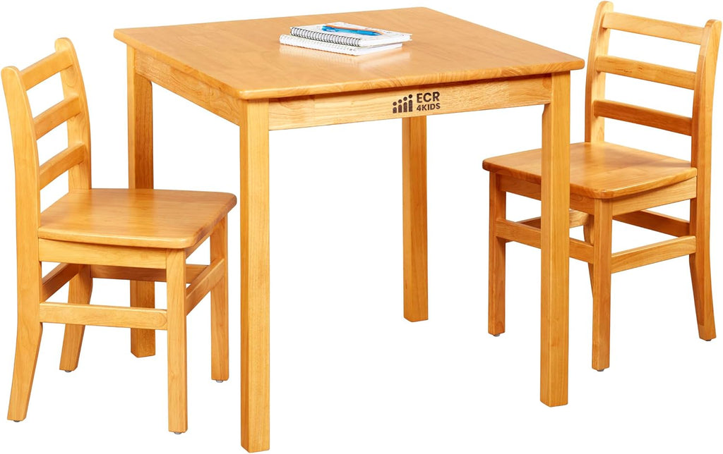 ECR4Kids 30in x 30in Square Hardwood Table with 28in Legs and Two 16in Chairs, Kids Furniture, Honey, 3-Piece | Durable rubberwood, GREENGUARD Gold Certified, ANSI/BIFMA Compliant, 10-12 years, 200 lb seat capacity, classroom & home use