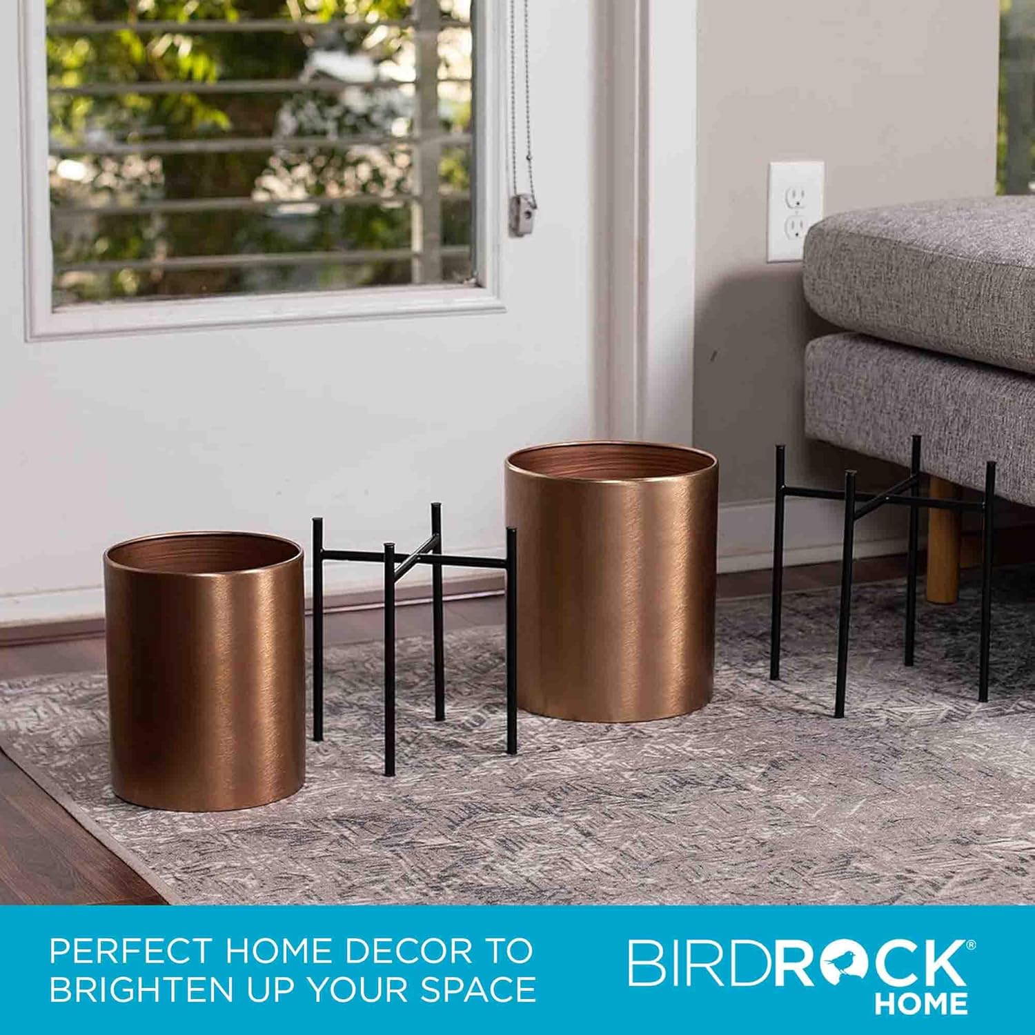 BIRDROCK HOME 2pc Modern Planter with Stand - Elevated Plant Holder for Indoor/Outdoor Use - Sturdy Black Floor Standing Pot Stand for Houseplants, Trees, and Flowers - Small Large - Bronze