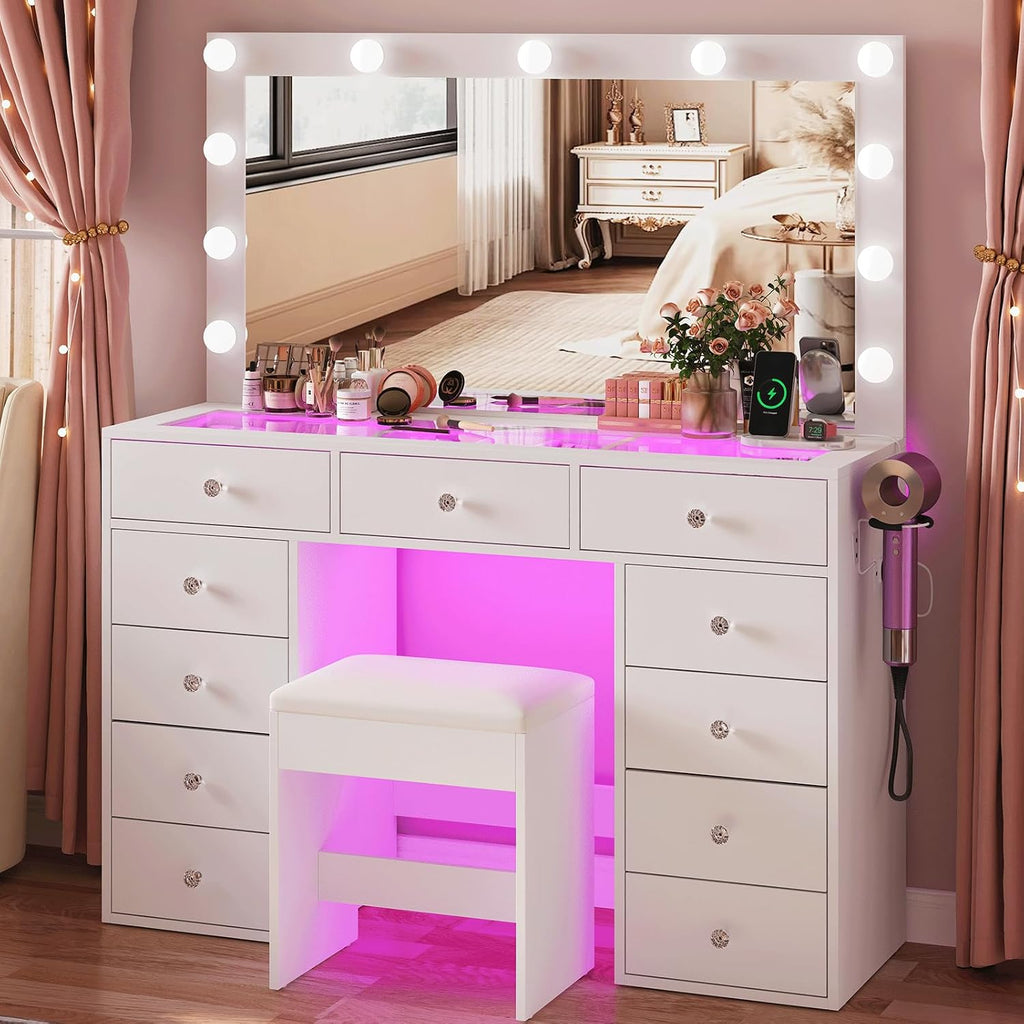 CollaredEagle 45" Large White Vanity Desk with Vibrant RGB Lighting. | 11 Hollywood Style Bulbs, 11 Drawers, Power Outlet, Hair Dryer Holder, Cushioned Stool, Tempered Glass
