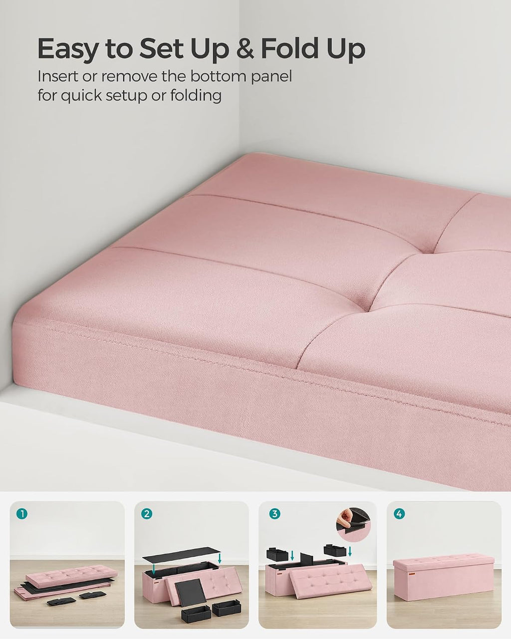SONGMICS Storage Ottoman Bench, 43.3 Inches Velvet Foldable Foot Rest | Foot Rest, End of Bed Bench, Load up to 660 lb, Jelly Pink, MINOTA Collection ULSF277R01
