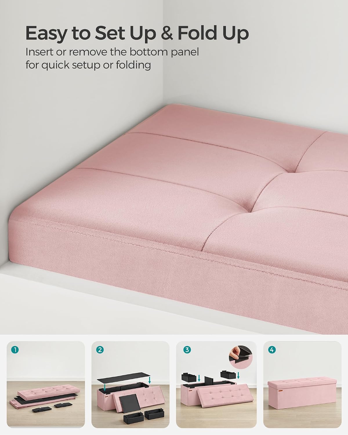 SONGMICS Storage Ottoman Bench, 43.3 Inches Velvet Foldable Foot Rest | Foot Rest, End of Bed Bench, Load up to 660 lb, Jelly Pink, MINOTA Collection ULSF277R01