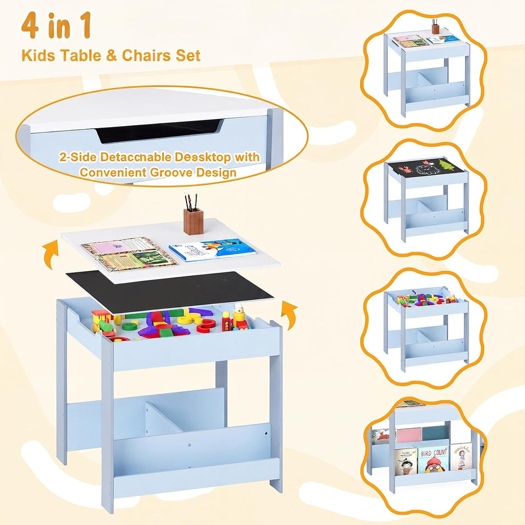 Children's Table with 2 Chairs Wood 3-Piece Furniture Set | Children's furniture set with shelf storage space and 4-in-1 painting table for children from 3 years