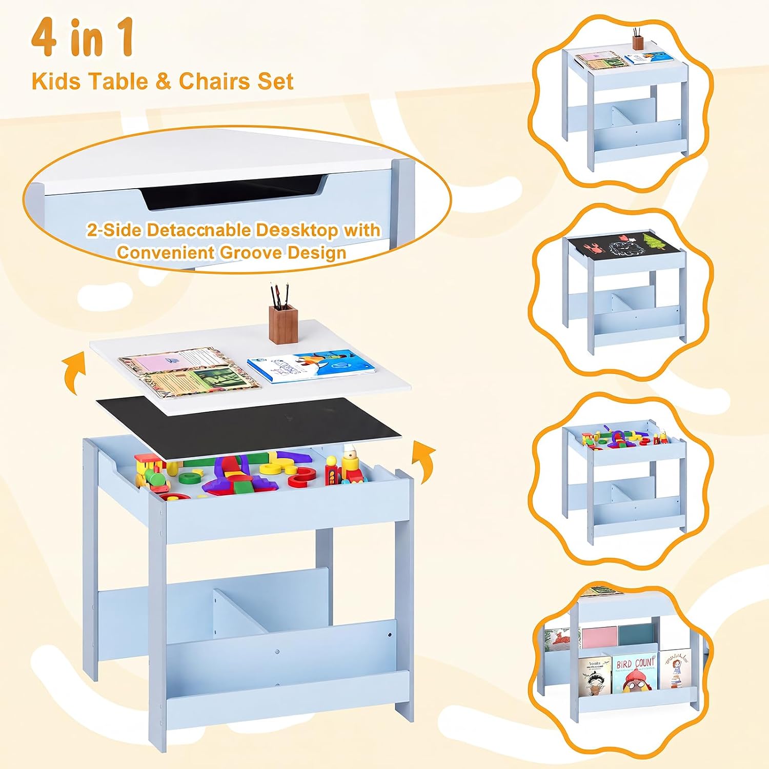 Children's Table with 2 Chairs Wood 3-Piece Furniture Set | Children's furniture set with shelf storage space and 4-in-1 painting table for children from 3 years