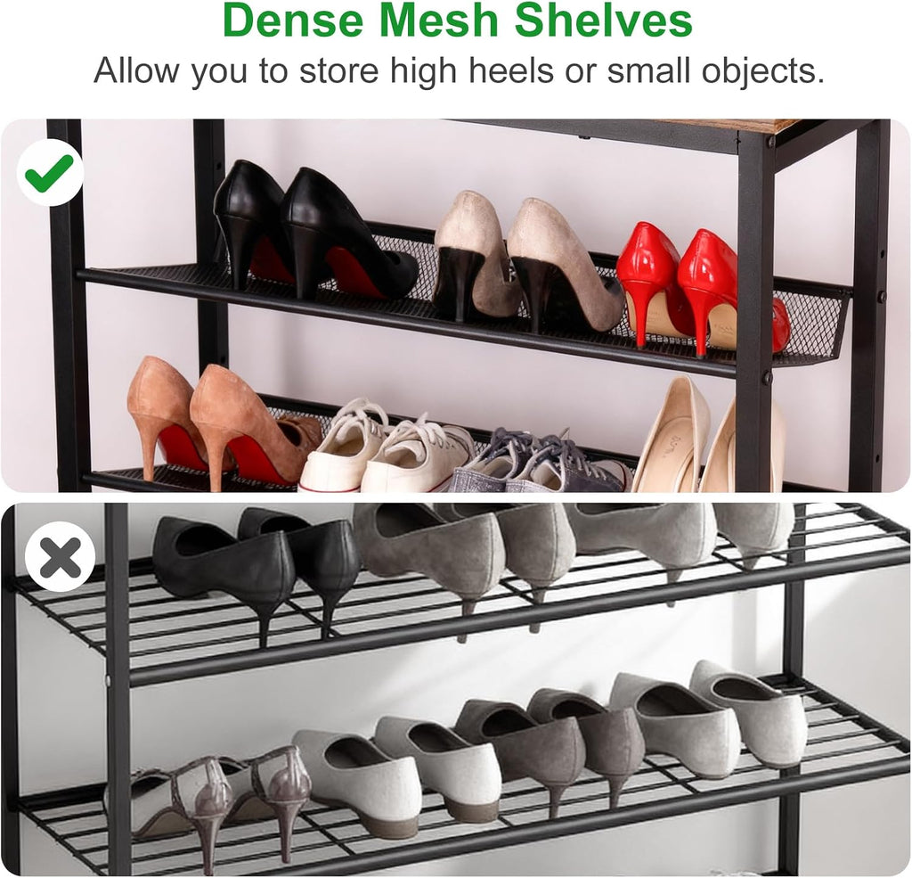 5-Tier Shoe Rack, Tall Industrial Shoe Organizer with Metal Mesh Shelves, Free-Standing Storage Rack for Entryway, Closet, or Bedroom, Rustic Brown and Black
