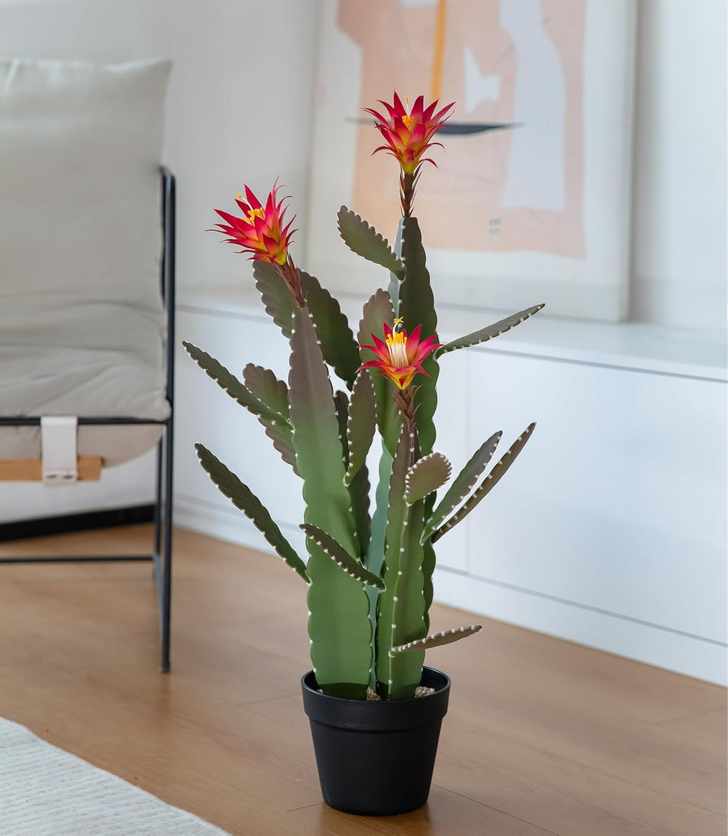 33 Inch Large Artificial Cactus with Magenta Flowers in Pot with Natural Gravel. Satin Finish Leaves with Real Look and Feel. Outdoor and Indoor Faux Plants.