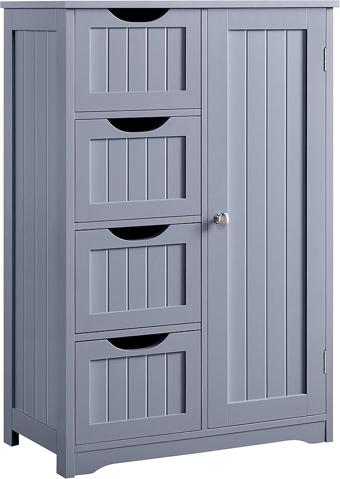 Yaheetech Bathroom Floor Cabinet, Freestanding Storage Organizer Unit Kitchen Cupboard W/ 4 Drawers & Adjustable Shelves, Using for Kitchen/Bathroom, Gray