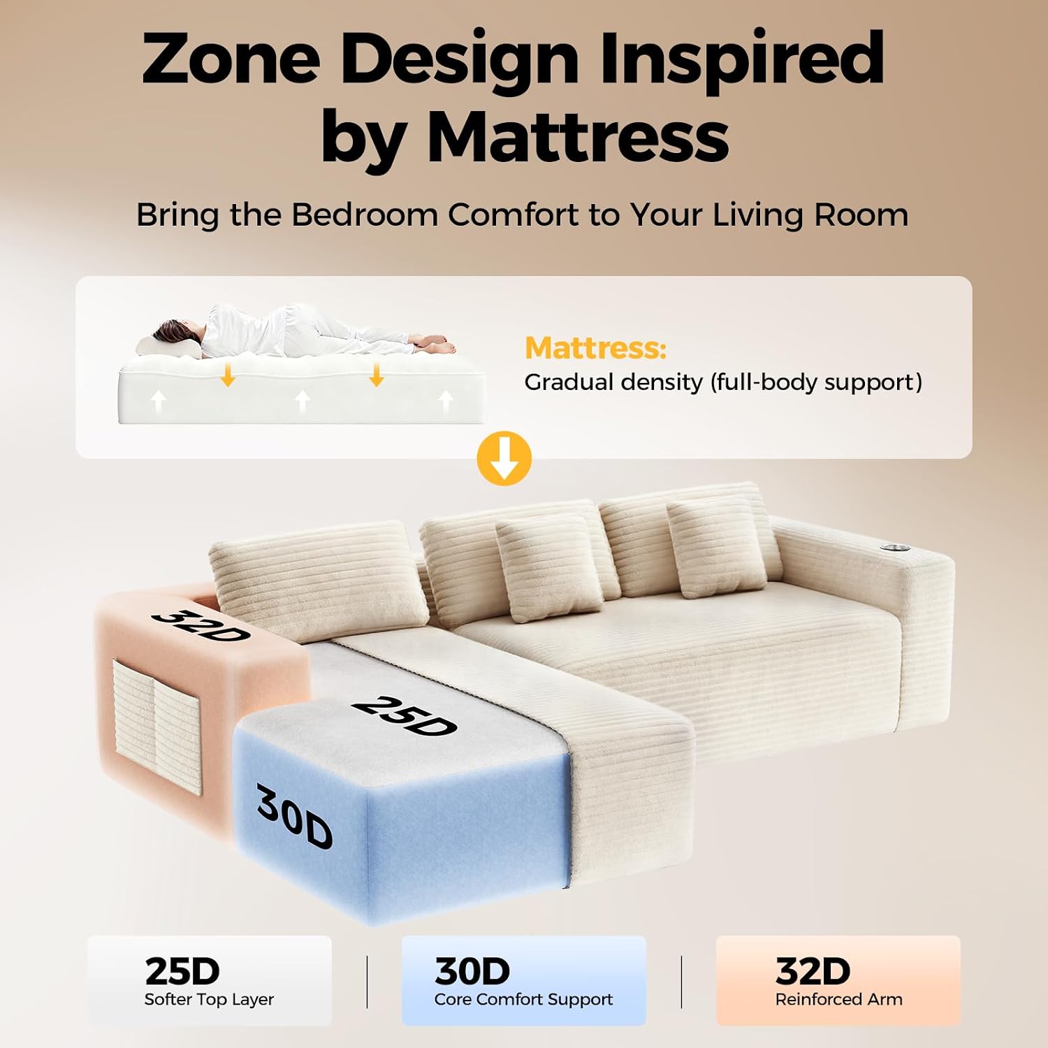 CAMMOO 108" L-Shaped Sectional Sofa, Cloud Couch in One Box | No Assembly Deep Seat, 4-Seater Sofa for Living Room, Storage Pockets, Plush Corduroy, Left-Facing Chaise, Beige