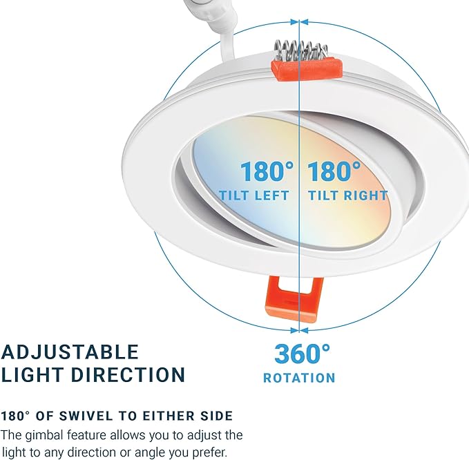 PARMIDA (6 Pack) 4 Inch LED Gimbal 5CCT Recessed Lighting, Directional Adjustable Canless Ceiling Light with J-Box, 2700K-5000K 5 Color Selectable, 9W, Eyeball Ultra-Thin Slim Panel, Dimmable, ETL