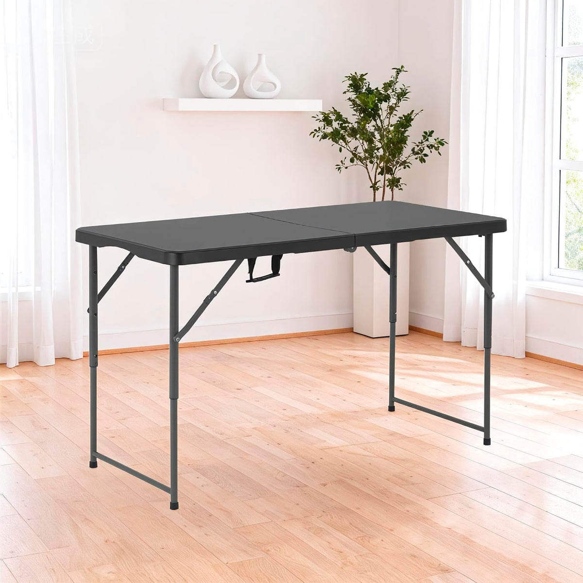 HKLGorg Folding Table, Heavy Duty Plastic Folding Utility Table Indoor Outdoor, Party Dining Tables Easy to Assemble with Lock Function (Black, 4 FT)