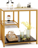 GOFLAME Faux Marble End Table, 3-Tier Sofa Side Table with Storage Shelves, Golden Polished Steel Frame, Black & White Faux Marble, Rectangular, Modern Nightstand for Living Room, Bedroom