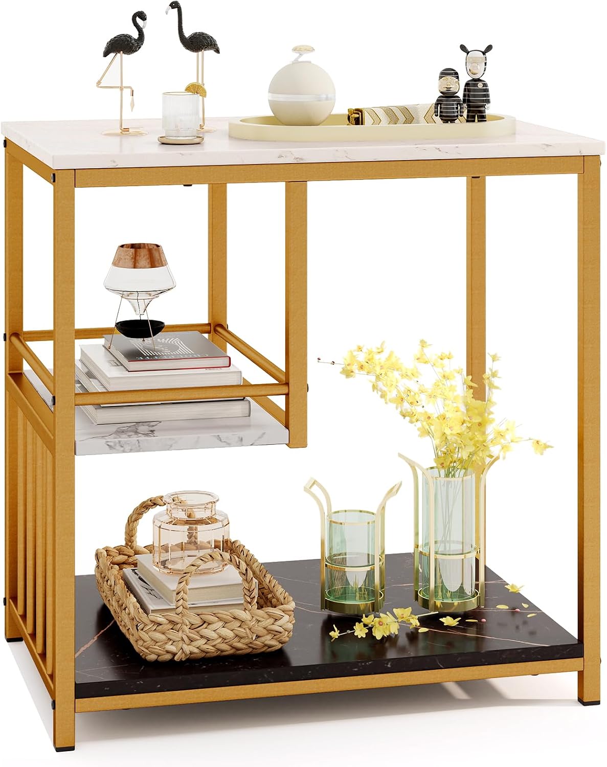 GOFLAME Faux Marble End Table, 3-Tier Sofa Side Table with Storage Shelves, Golden Polished Steel Frame, Black & White Faux Marble, Rectangular, Modern Nightstand for Living Room, Bedroom