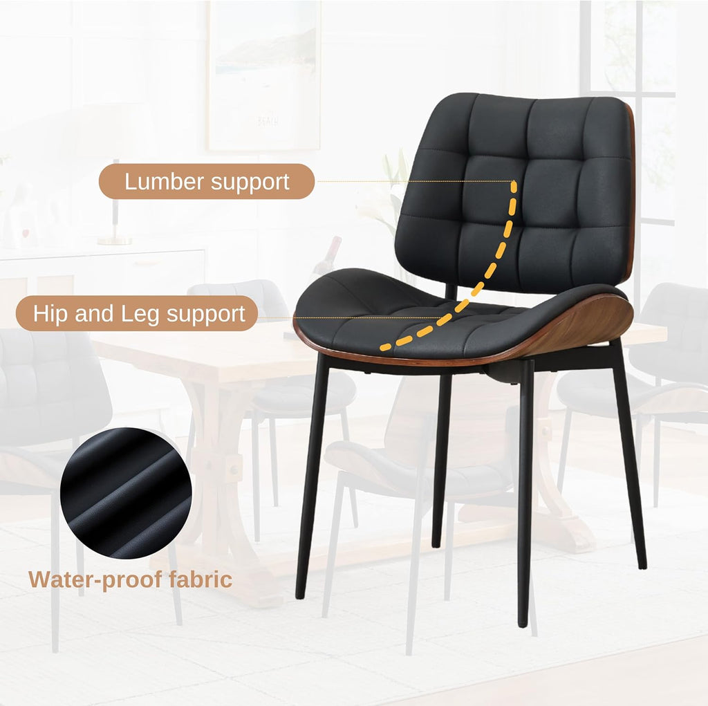 Upholstered Dining Chairs Set of 6, Mid Century Modern Faux Leather Dining Chairs with Walnut Bentwood Back and Metal Legs for Dining Room, Restaurant, Café, Black