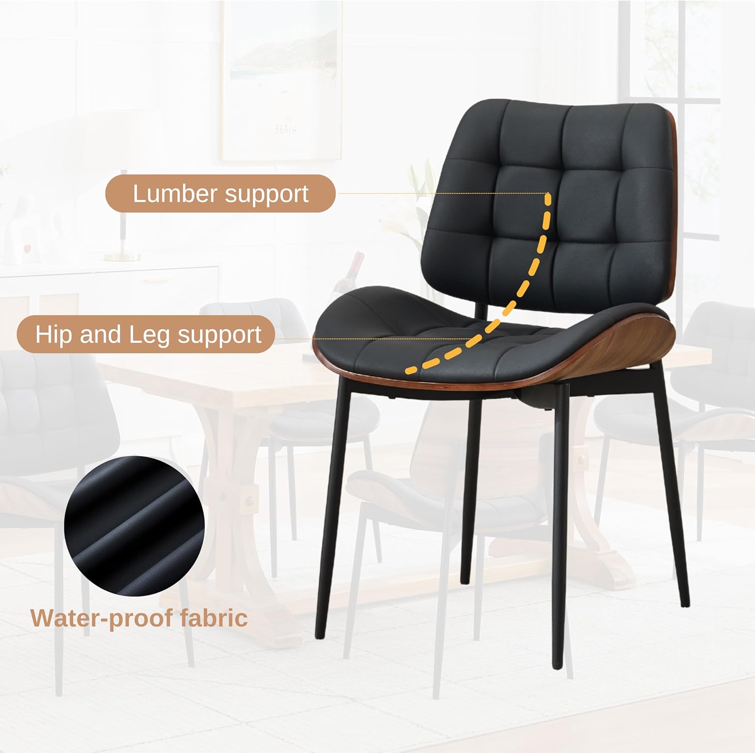 Upholstered Dining Chairs Set of 6, Mid Century Modern Faux Leather Dining Chairs with Walnut Bentwood Back and Metal Legs for Dining Room, Restaurant, Café, Black