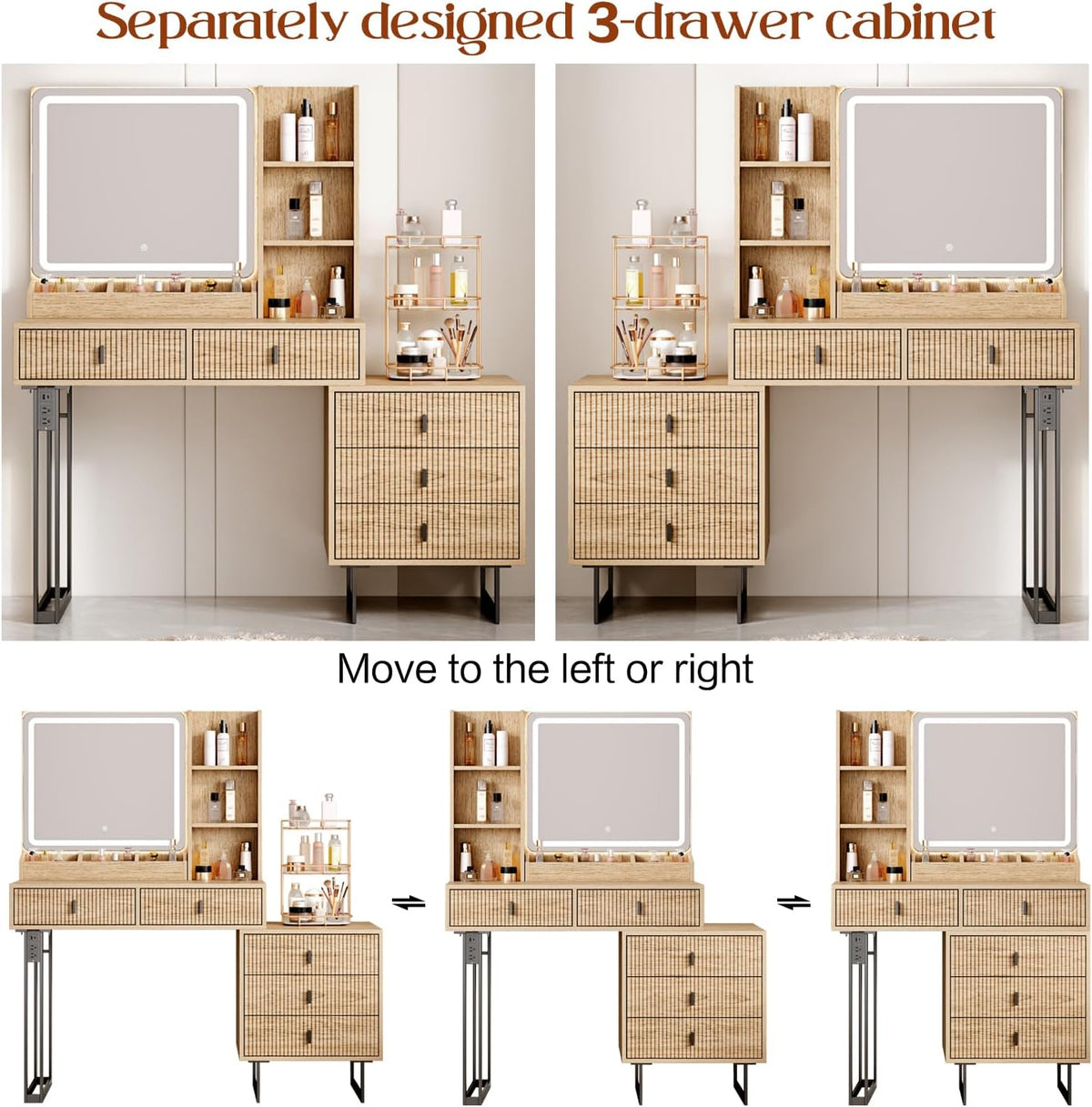 Large Vanity Desk with 3 Color Touch Screen Dimming Mirror, Vanity Desk with Charging Station, Modern Retractable Makeup Dressing Table, Makeup Table With storage shelves and 5 Sliding Drawers, Wood