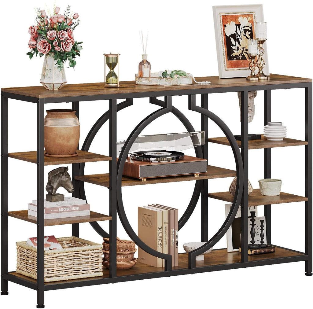 GiftGo 47" Industrial Console Tables for Entryway Rustic Sofa Table Behind Couch 4 Tier Wooden Shelves Entry Table with Storage for Foyer, Hallway, Front Door,Living Room (Rustic Brown, 47")