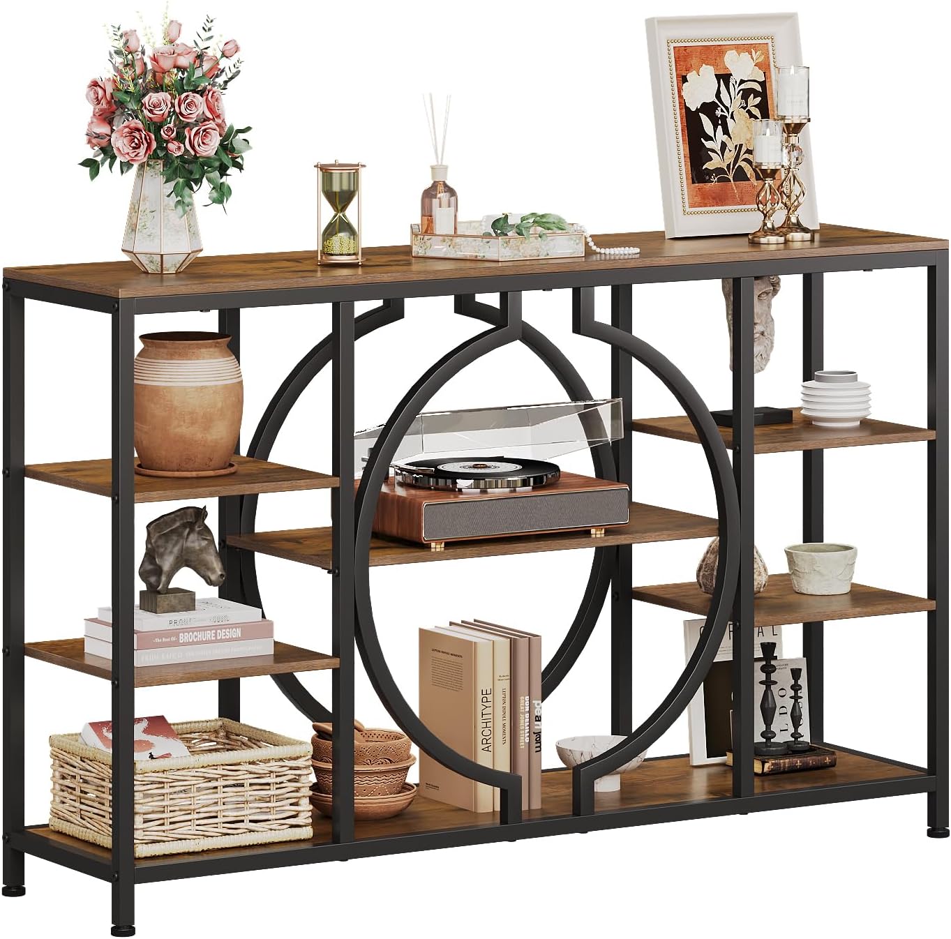 GiftGo 47" Industrial Console Tables for Entryway Rustic Sofa Table Behind Couch 4 Tier Wooden Shelves Entry Table with Storage for Foyer, Hallway, Front Door,Living Room (Rustic Brown, 47")