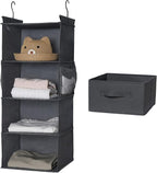 MAX Houser 4-Shelf Hanging Closet Organizer, Space Saver, Cloth Hanging Shelves with 2 Side Pockets, Foldable (Grey)