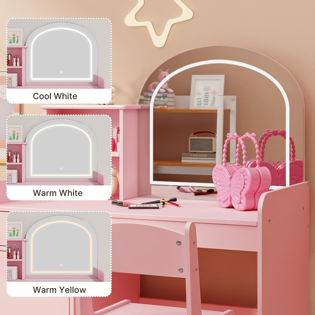 Gizoon Kids Vanity Desk with Mirror and Lights, Pink | Kids Makeup Vanity with 2 Tier Open Shelves Drawer and Cabinet, Todder Vanity Table and Chair Set for Little Girl